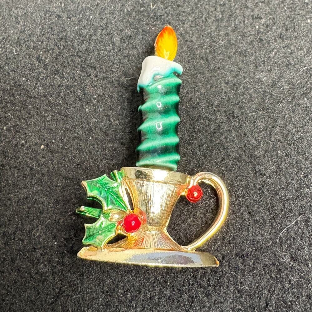 Beatrix Vintage Christmas Candle Brooch Gold Tone Enamel